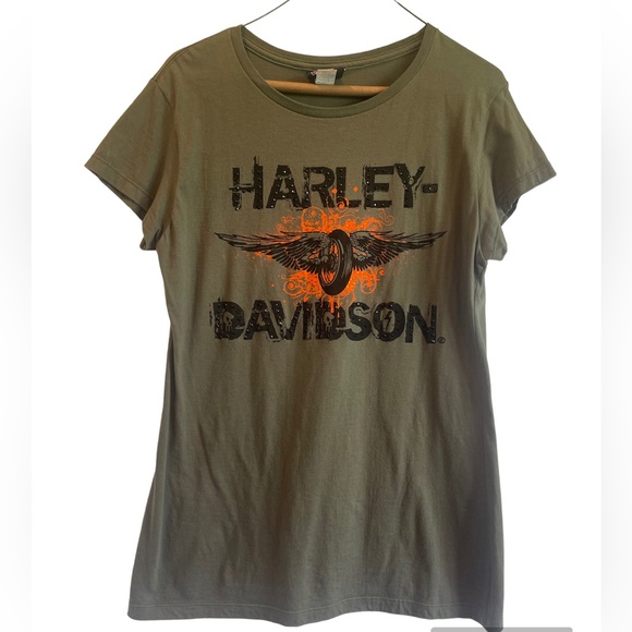 Harley-Davidson Tops - Harley Davidson Women’s Shirt Color Olive Green with Black and Orange Size XL